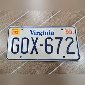 Virginia 1993 License Plate # GOX-672